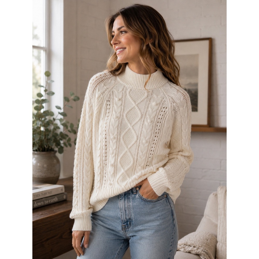 J. Crew Cable Knit Sweater XS‎ Cream Lambswool Blend Mock Neck Cottagecore Cozy